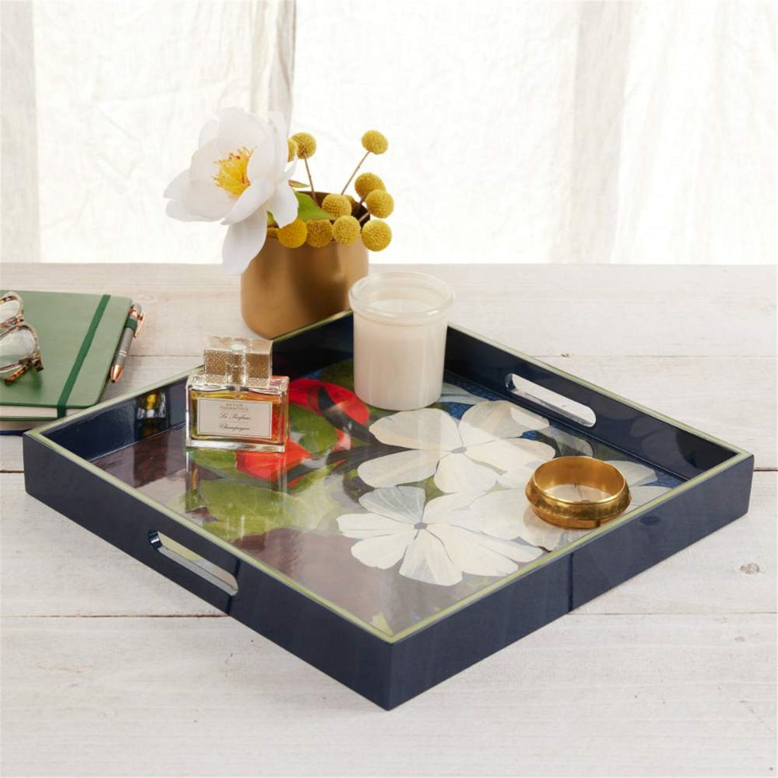 Flower Pine Tray - 15 Inch Square Floral Design Tray - rockflowerpaper