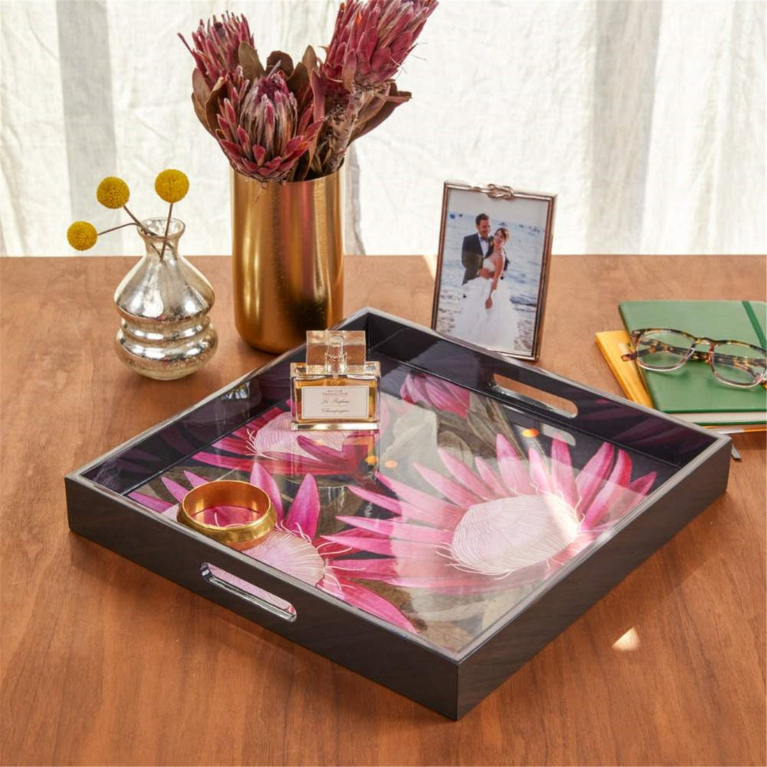 Protea Pink Tray - 15 Inch Square Floral Design Tray - rockflowerpaper