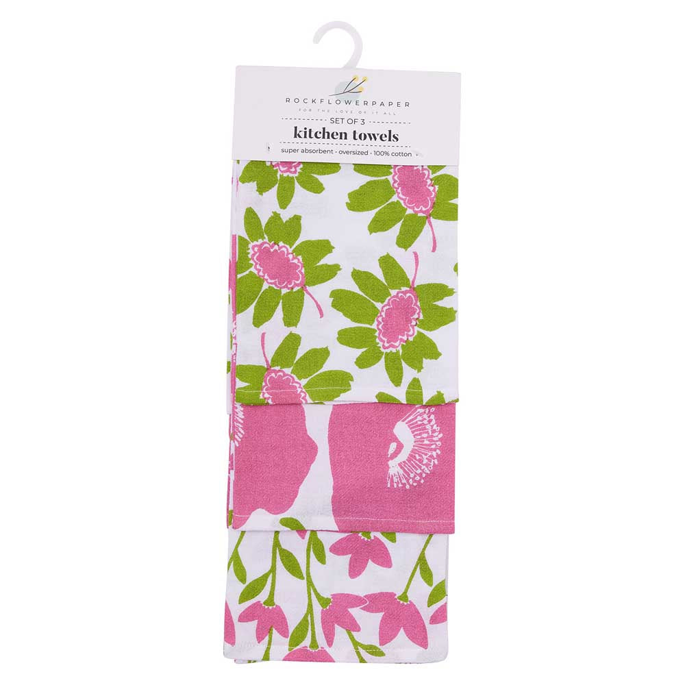 Poppies Pink Cotton Kitchen Towel (Set 3) Cotton Kitchen Towel - rockflowerpaper