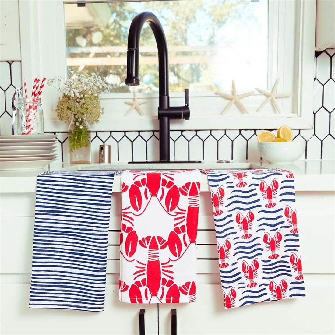 Lobster Waves Cotton Kitchen Towels (Set of 3) Cotton Kitchen Towel - rockflowerpaper