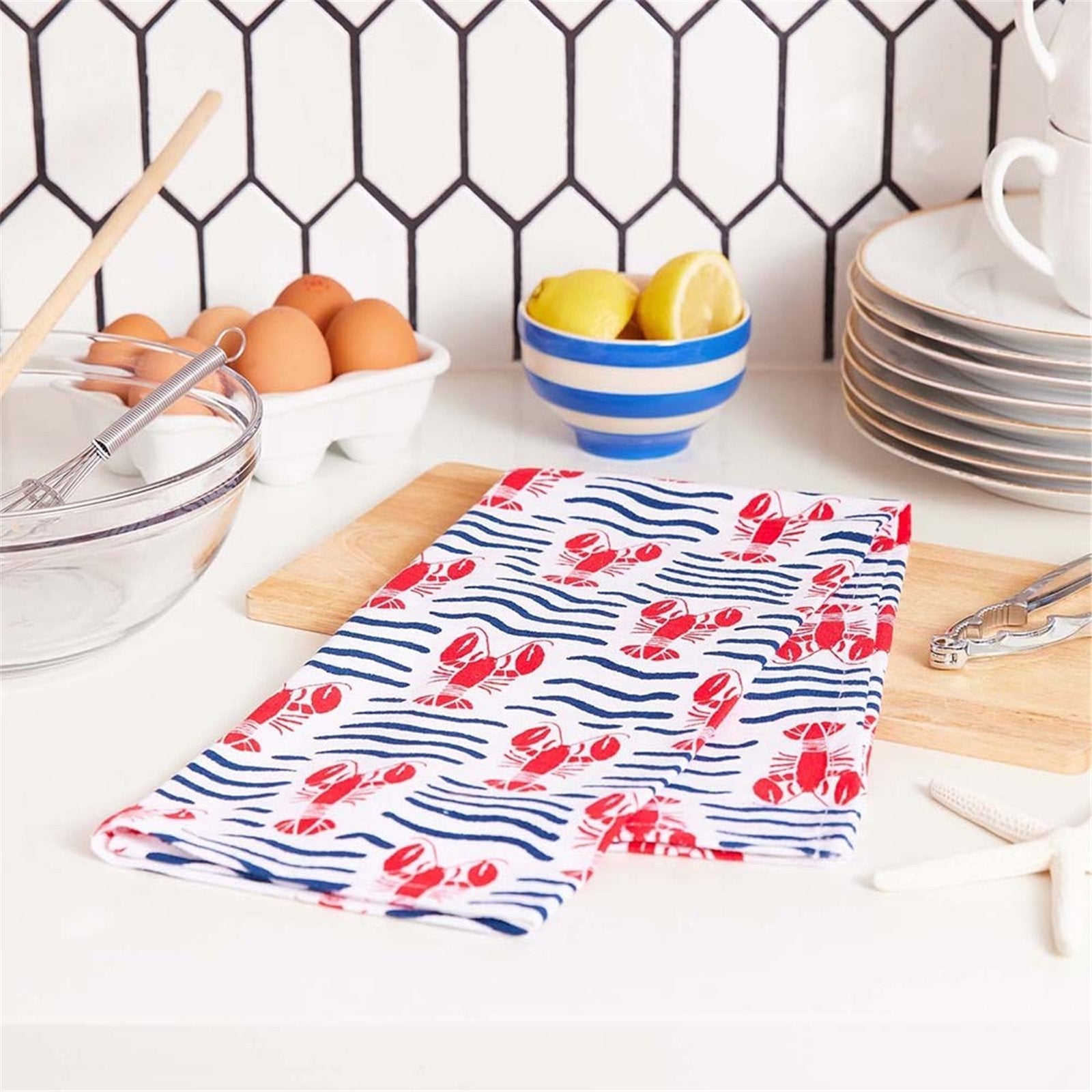 Lobster Waves Cotton Kitchen Towels (Set of 3) Cotton Kitchen Towel - rockflowerpaper