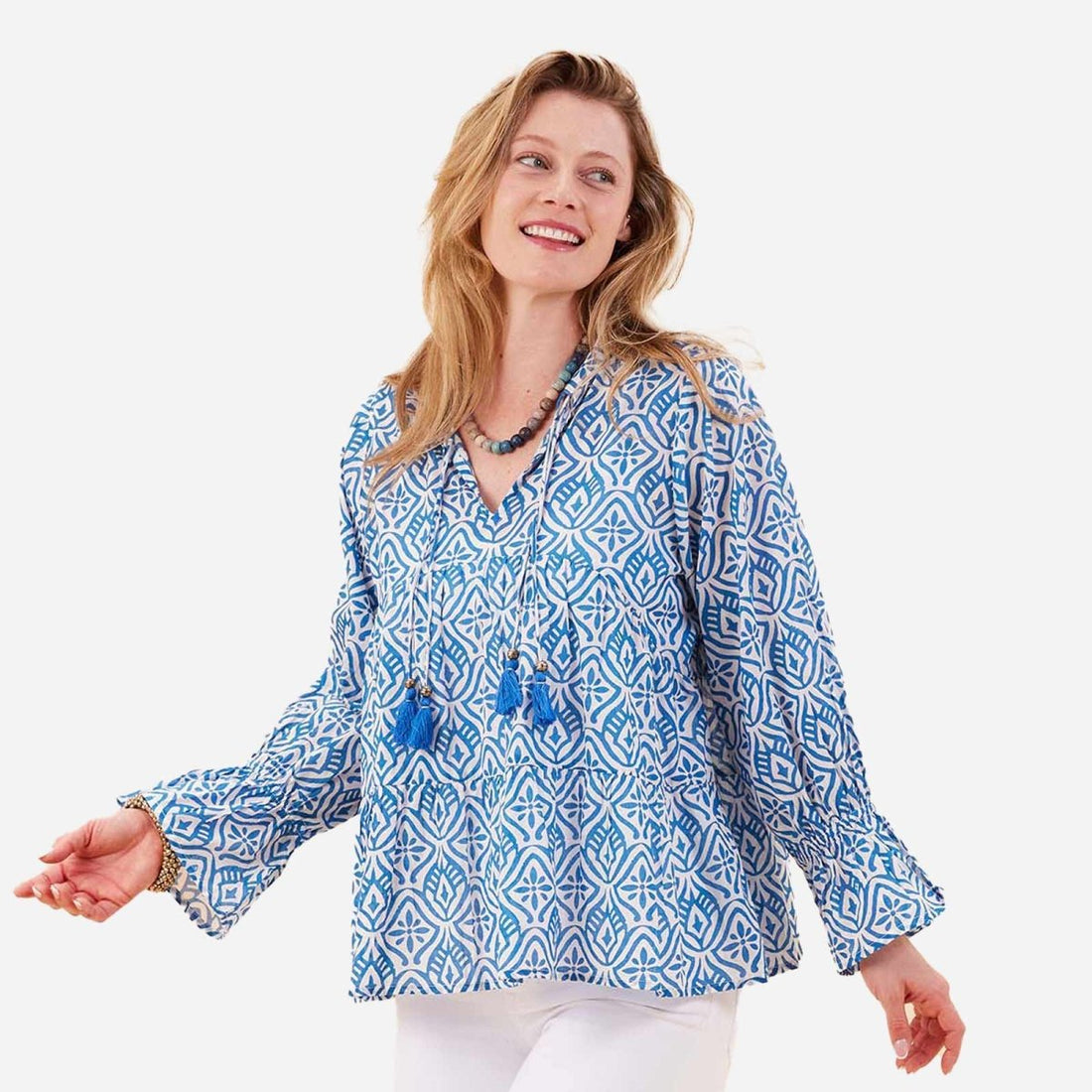 Adde Blue Cotton Blouse with Ruffle Sleeves Tunic - rockflowerpaper