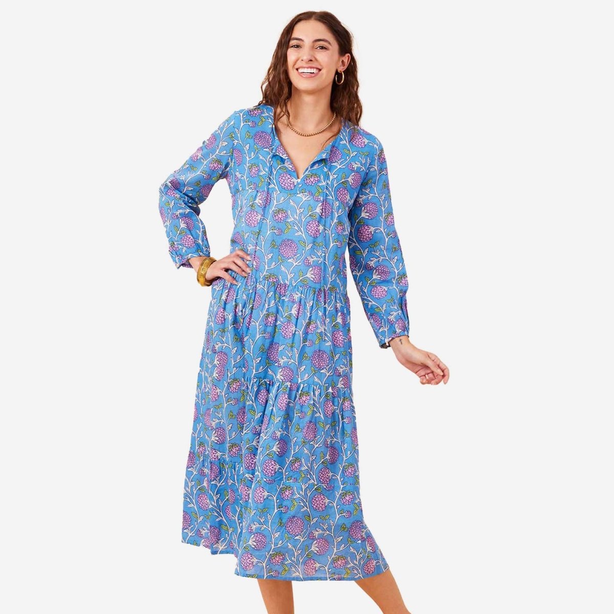 Ainsley Blue Long Tiered Cotton Dress Dress - rockflowerpaper