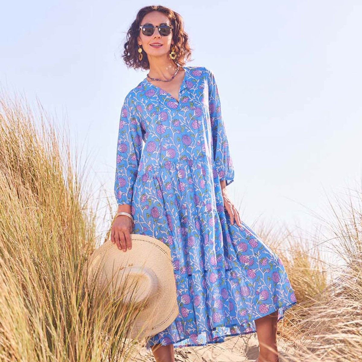 Ainsley Blue Long Tiered Cotton Dress Dress - rockflowerpaper