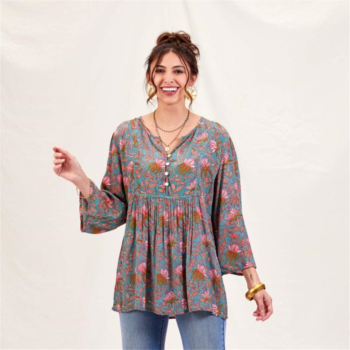 Aqua Pink Bohemian Floral Tunic Tunic - rockflowerpaper