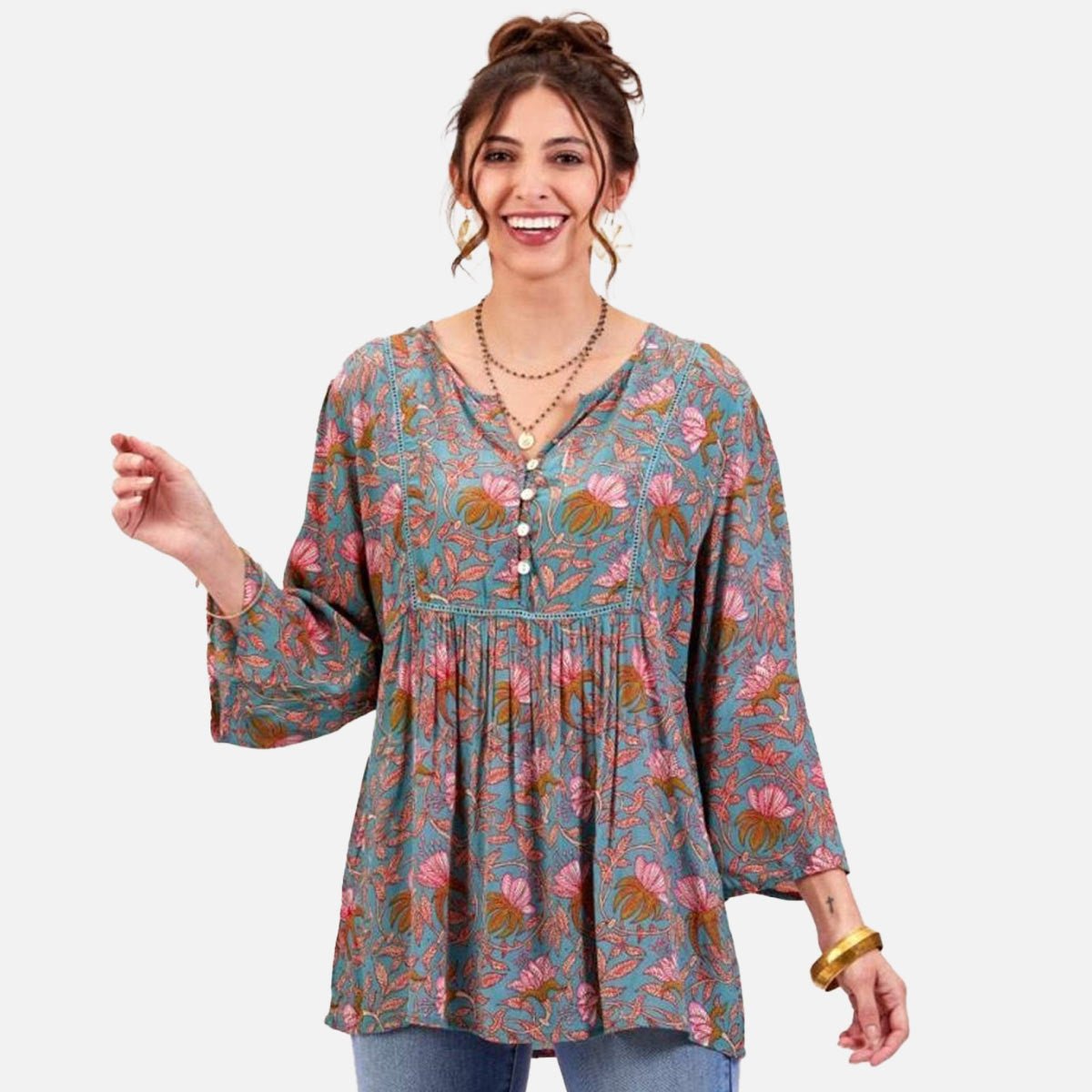 Aqua Pink Bohemian Floral Tunic Tunic - rockflowerpaper