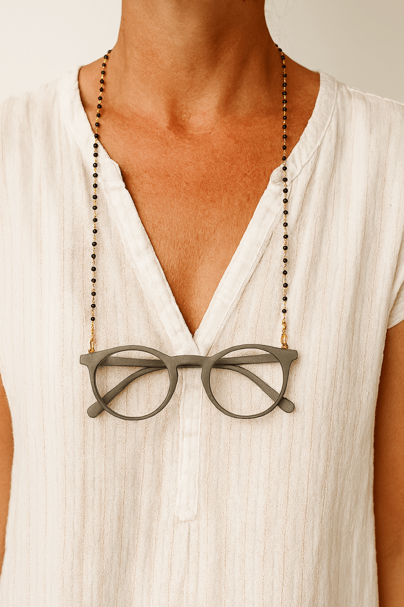 Black &amp; Gold Beaded Lanyard Necklace for Glasses or Face Mask MASK - NECKLACE - rockflowerpaper