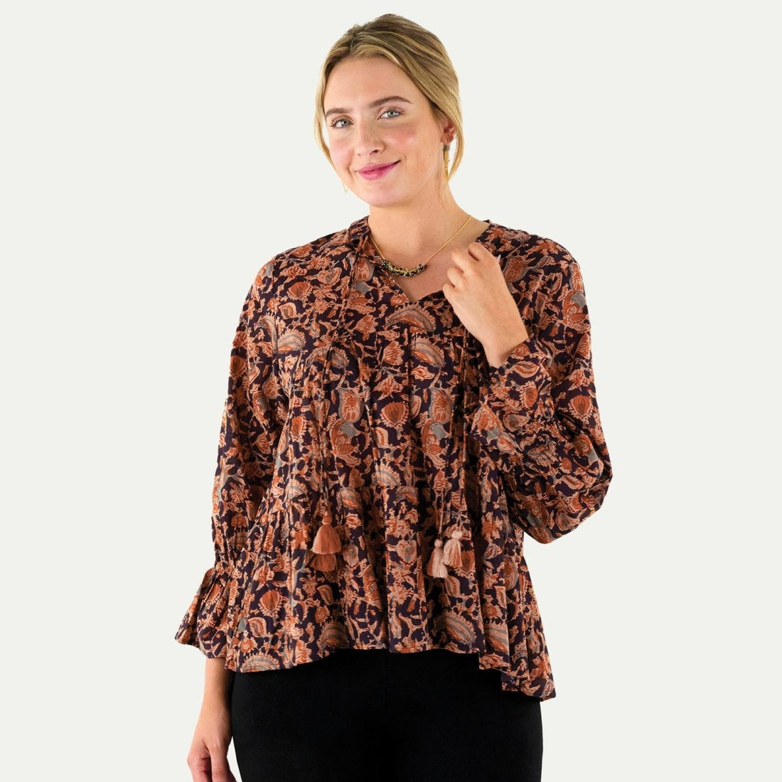 Black Spice Madine Cotton Blouse with Ruffle Sleeves Tunic - rockflowerpaper