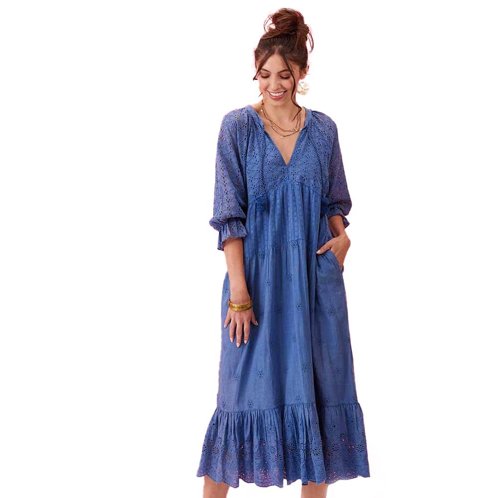 Blue Eyelet Long Tiered Dress Dress - rockflowerpaper