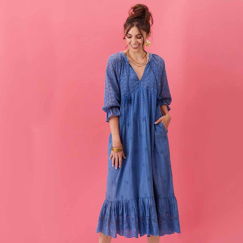 Blue Eyelet Long Tiered Dress Dress - rockflowerpaper