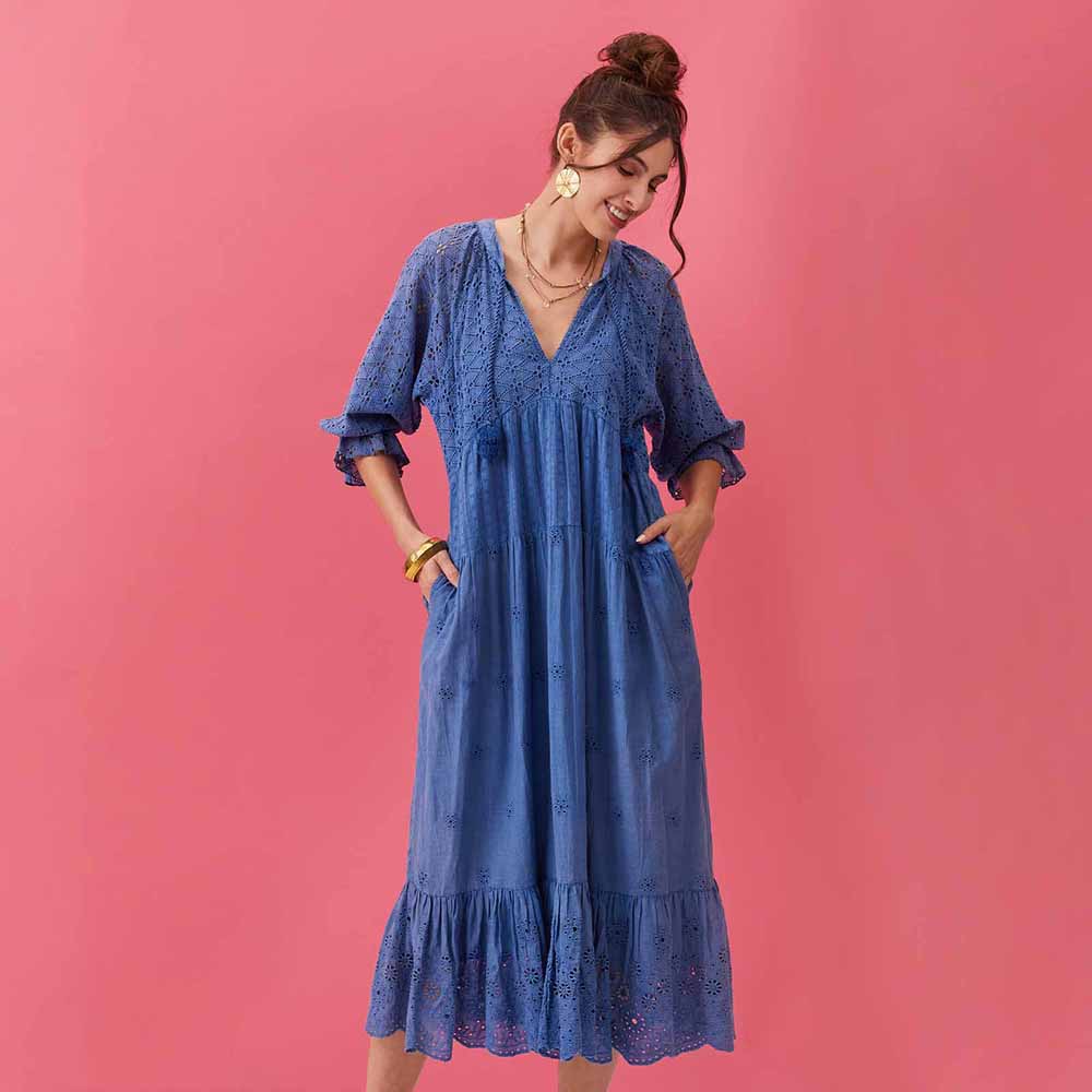 Blue Eyelet Long Tiered Dress Dress - rockflowerpaper