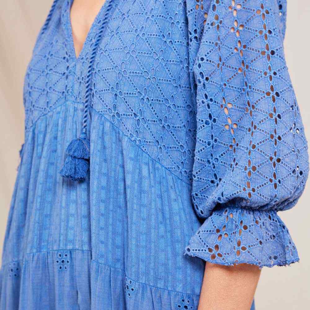 Blue Eyelet Long Tiered Dress Dress - rockflowerpaper