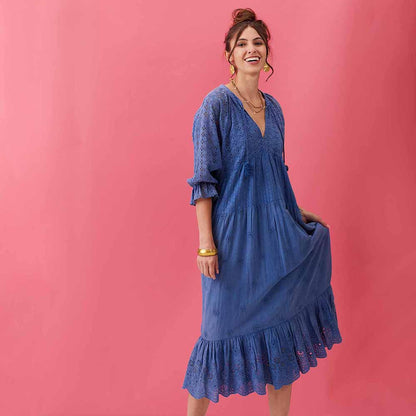 Blue Eyelet Long Tiered Dress Dress - rockflowerpaper