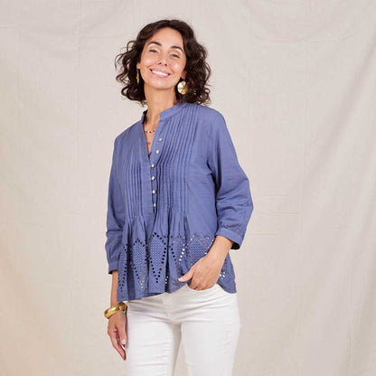 Blue Pintuck Tunic With Eyelet Hem Tunic - rockflowerpaper