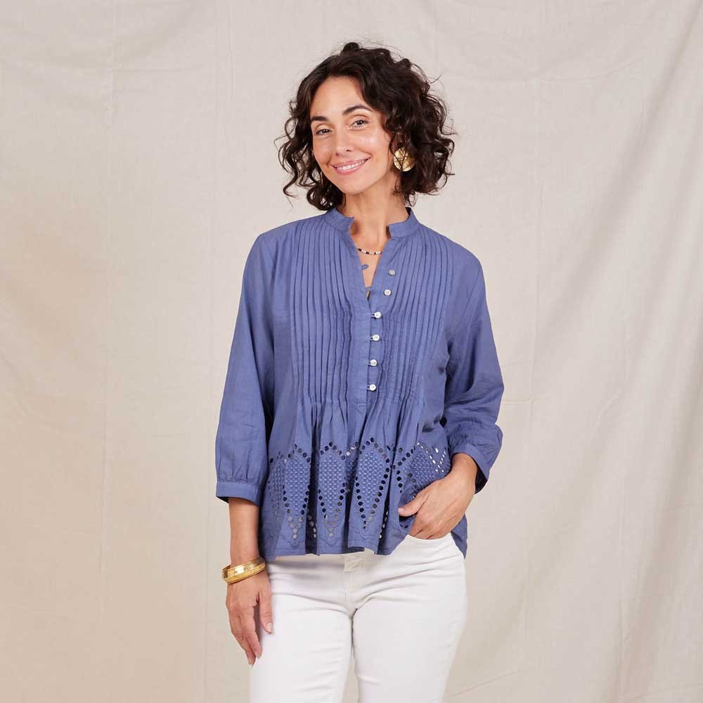 Blue Pintuck Tunic With Eyelet Hem Tunic - rockflowerpaper