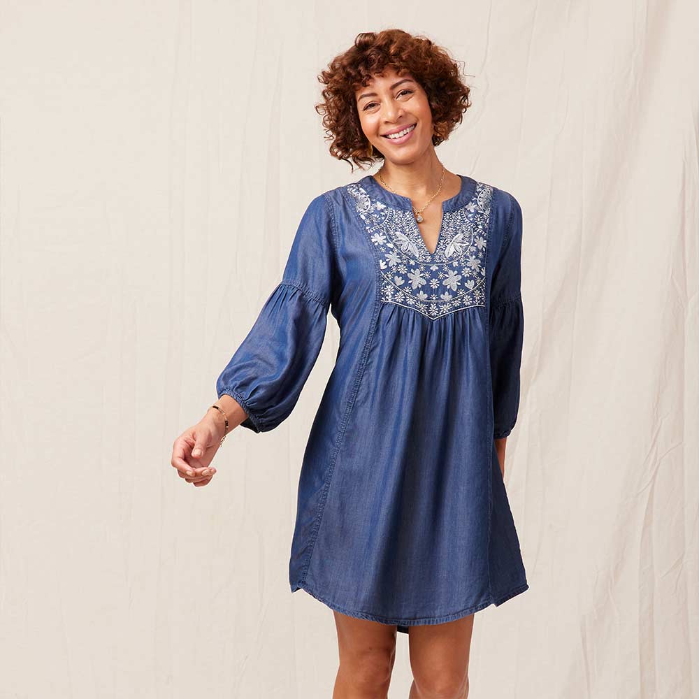 Chambray Dress With Light Blue Embroidery Dress - rockflowerpaper