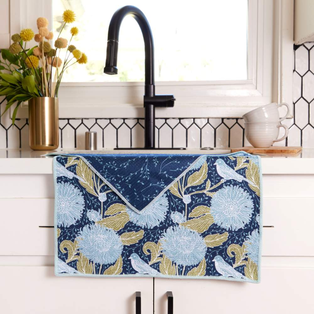 Chrysanthemum Bird blu Kitchen Tea Towel - Double - Sided Print Kitchen Towel - rockflowerpaper