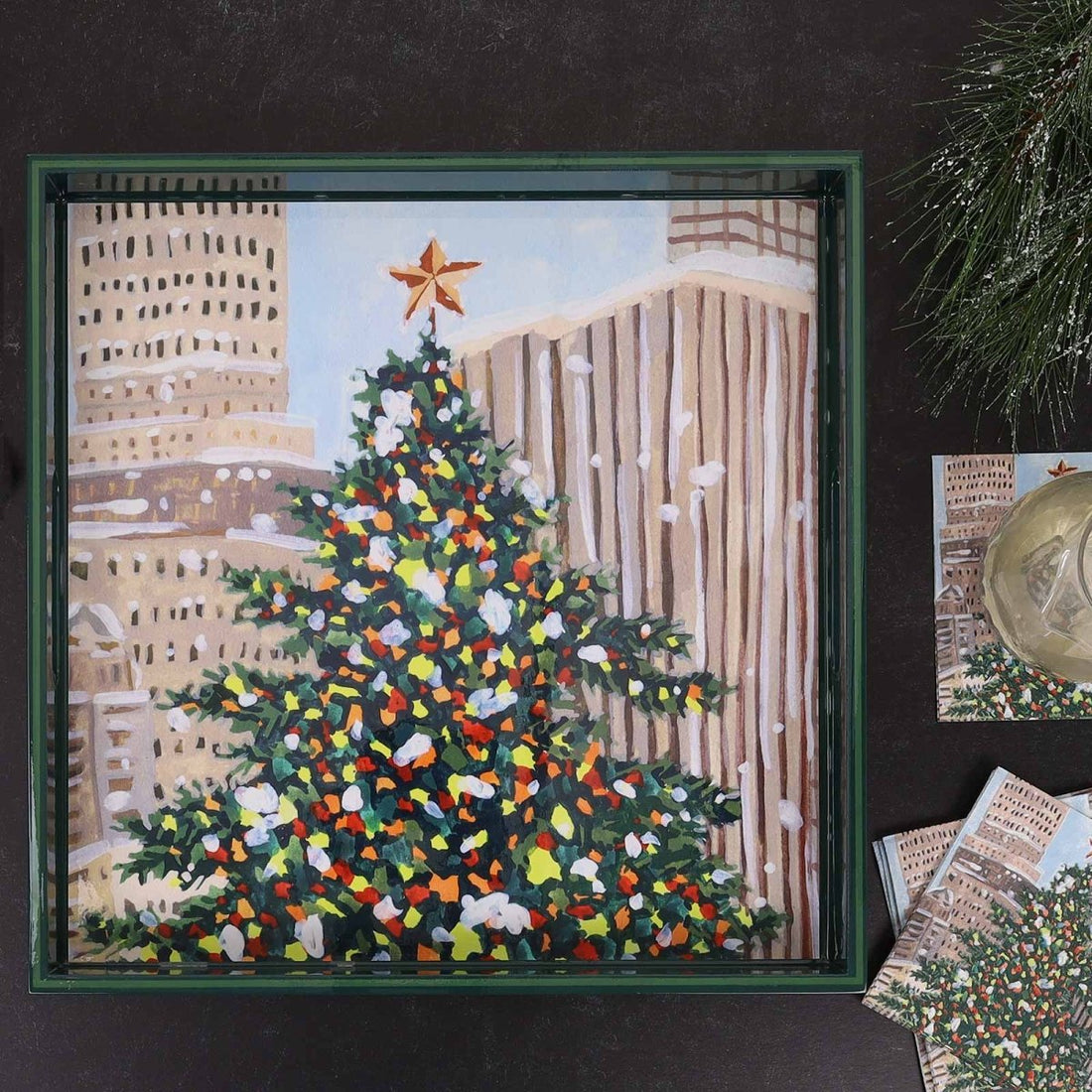 Cityscape Yuletide Square Lacquer Serving Tray Tray - Rockflowerpaper
