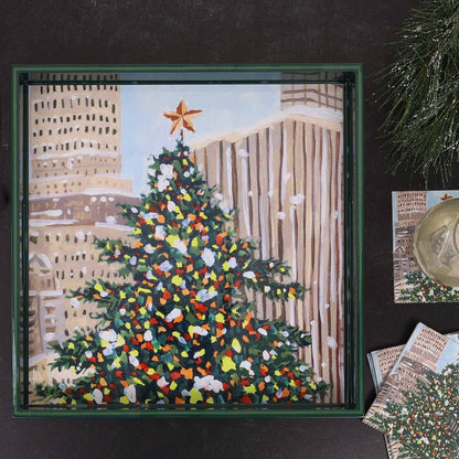 Cityscape Yuletide Square Lacquer Serving Tray Tray - Rockflowerpaper