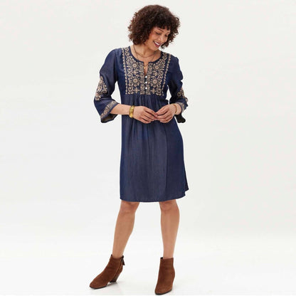 Denim Tencel Dress with Tan Embroidery Dress - rockflowerpaper