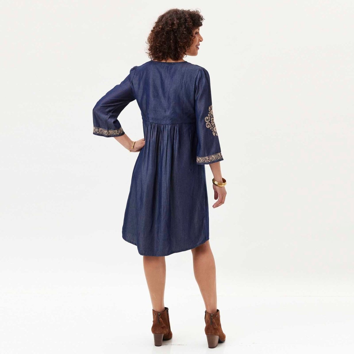 Denim Tencel Dress with Tan Embroidery Dress - rockflowerpaper