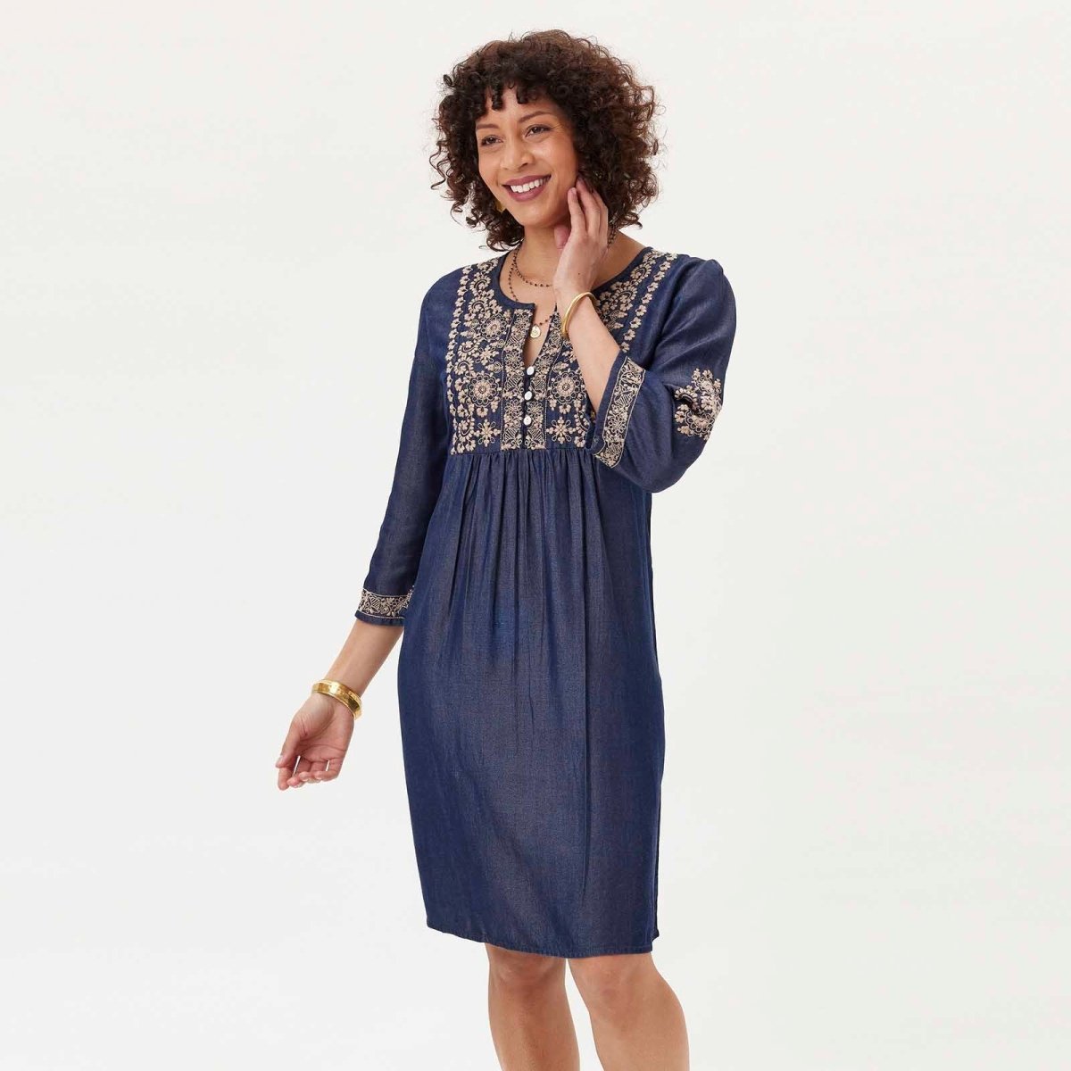 Denim Tencel Dress with Tan Embroidery Dress - rockflowerpaper