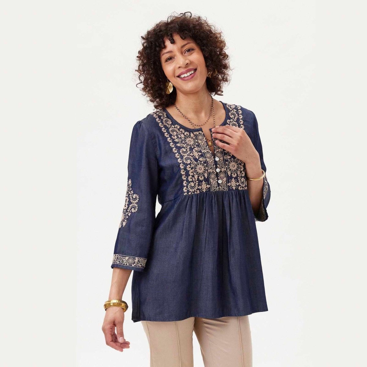 Denim Tencel Tunic with Tan Embroidery Embroidered Tunic - rockflowerpaper