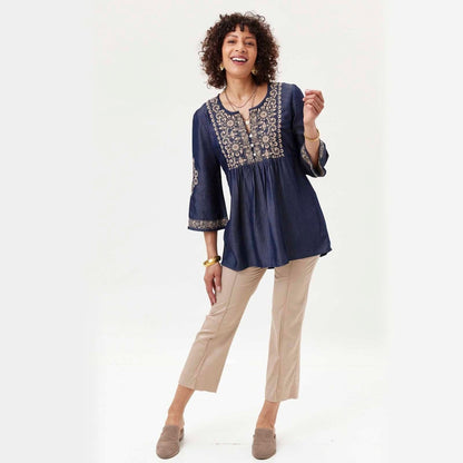 Denim Tencel Tunic with Tan Embroidery Embroidered Tunic - rockflowerpaper