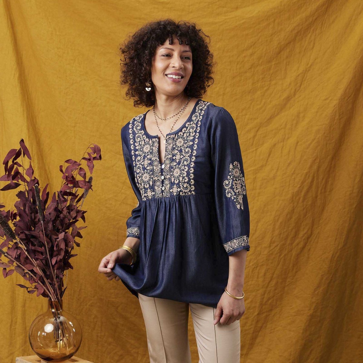 Denim Tencel Tunic with Tan Embroidery Embroidered Tunic - rockflowerpaper