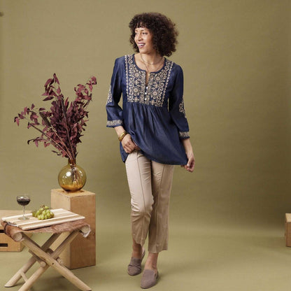 Denim Tencel Tunic with Tan Embroidery Embroidered Tunic - rockflowerpaper