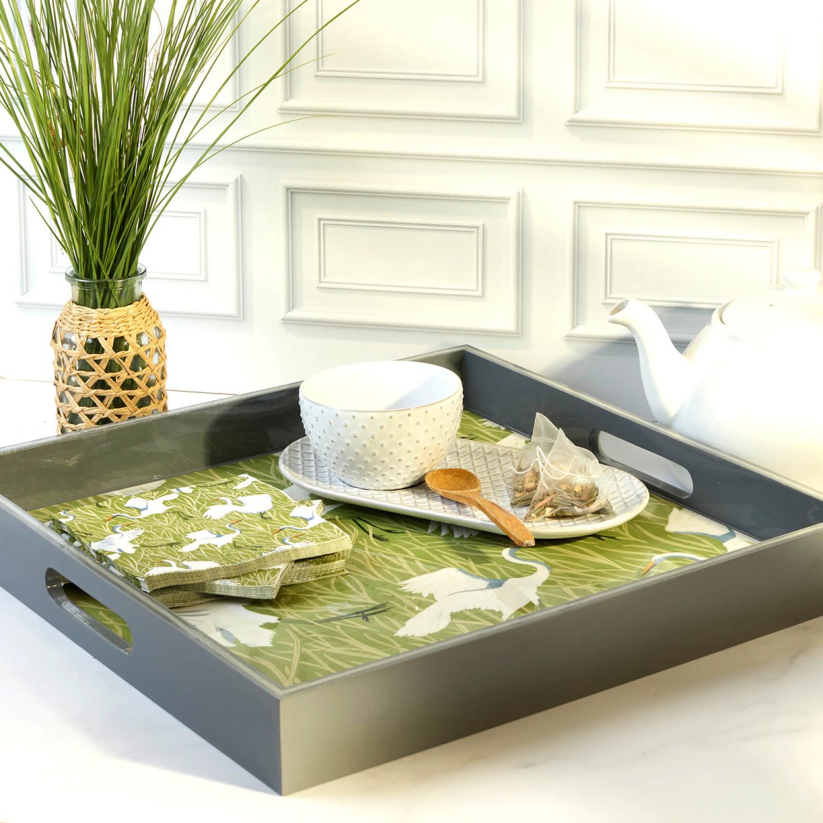 Egret &amp; Reed Square Lacquer Serving Tray Tray - Rockflowerpaper