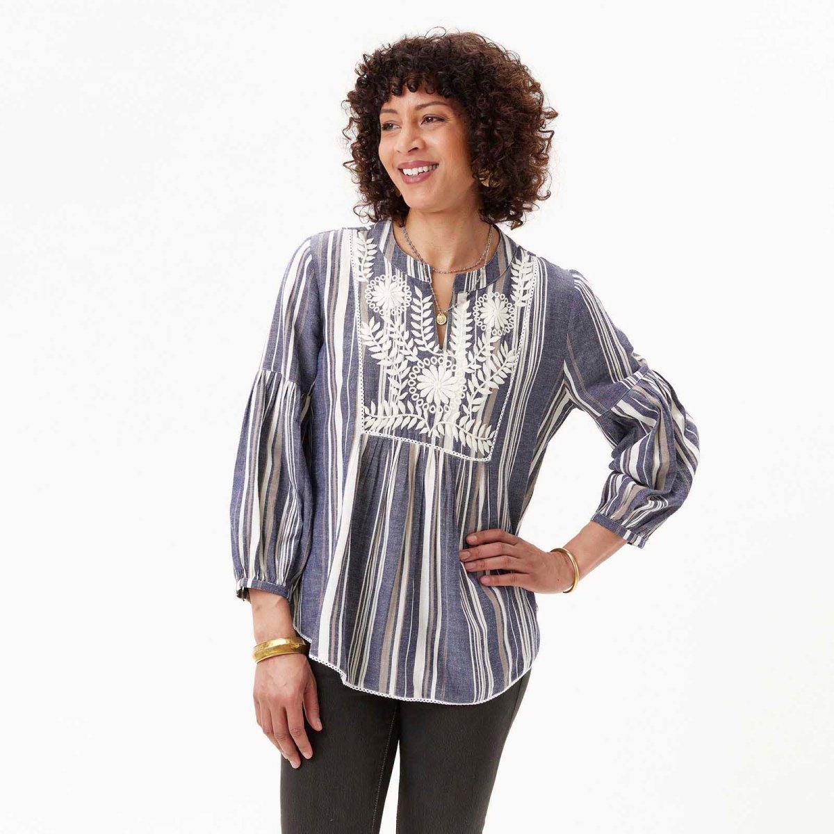 Embroidered Flattering Tunic with Woven Multi Stripe Embroidered Tunic - rockflowerpaper