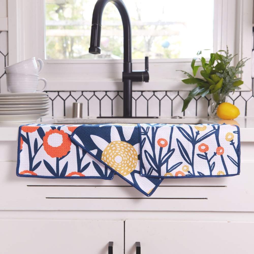 Field of Flowers blu Dish Cloth Set of 3 Reusable Dish Cloth - rockflowerpaper