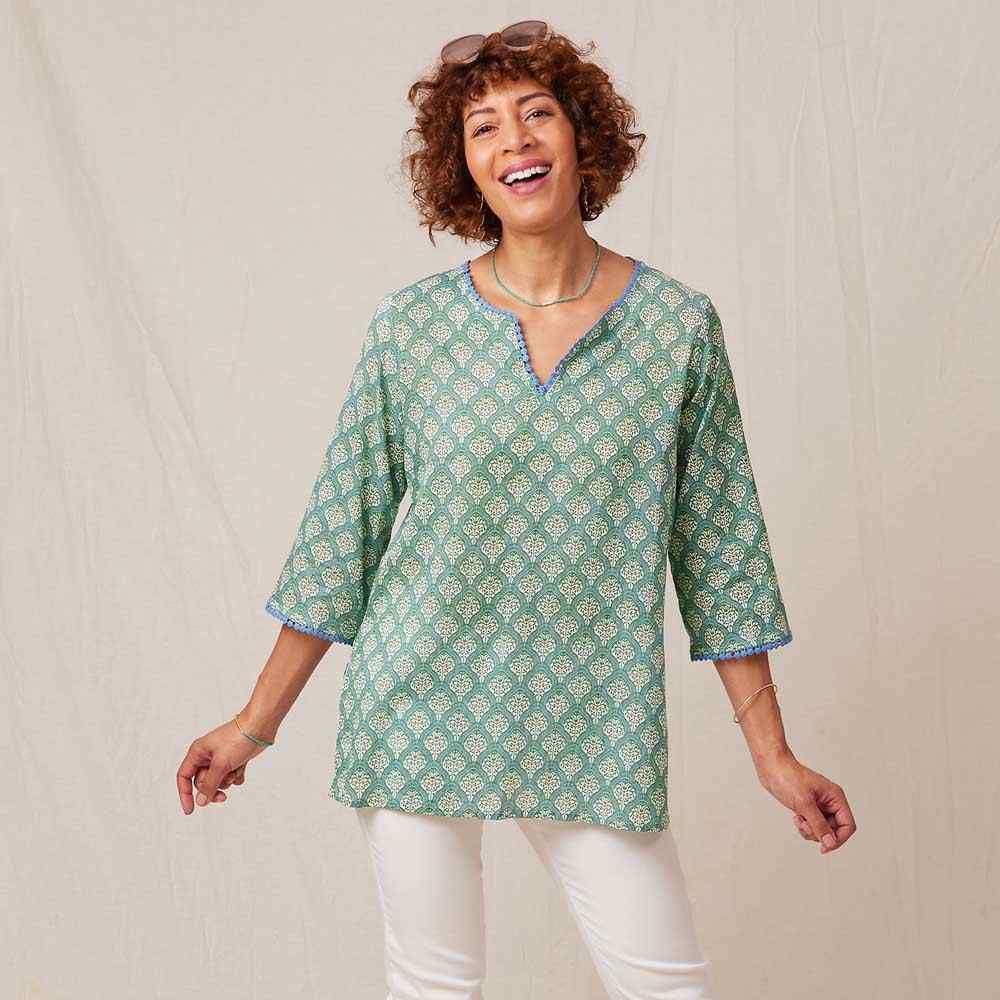 Fifer Blue Green blu Cotton Kurta Tunic Tunic - rockflowerpaper