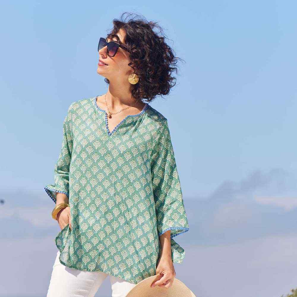 Fifer Blue Green blu Cotton Kurta Tunic Tunic - rockflowerpaper