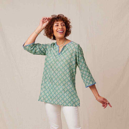 Fifer Blue Green blu Cotton Kurta Tunic Tunic - rockflowerpaper