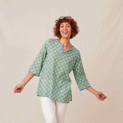 Fifer Blue Green blu Cotton Kurta Tunic Tunic - rockflowerpaper