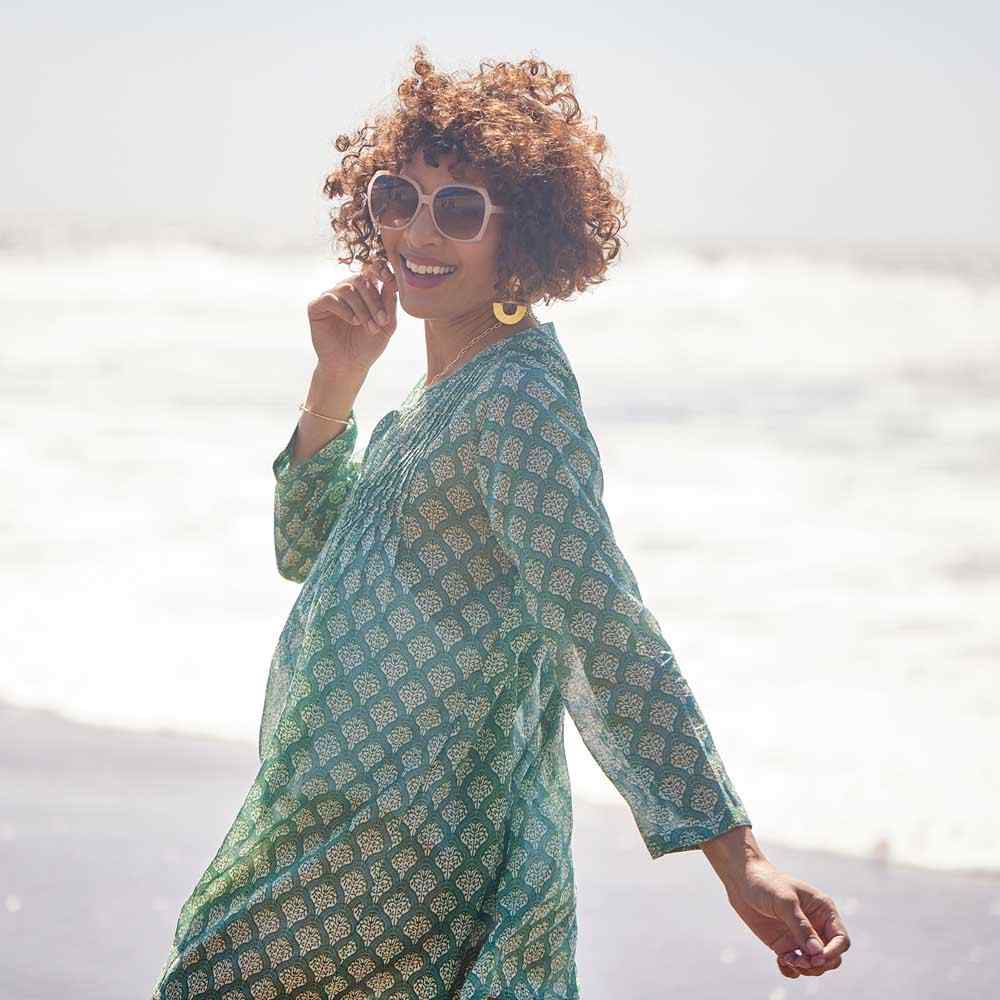 Fifer Blue Green blu Cotton Pintuck Beach Coverup Swim Cover Up - rockflowerpaper