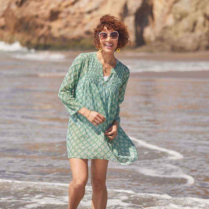 Fifer Blue Green blu Cotton Pintuck Beach Coverup Swim Cover Up - rockflowerpaper