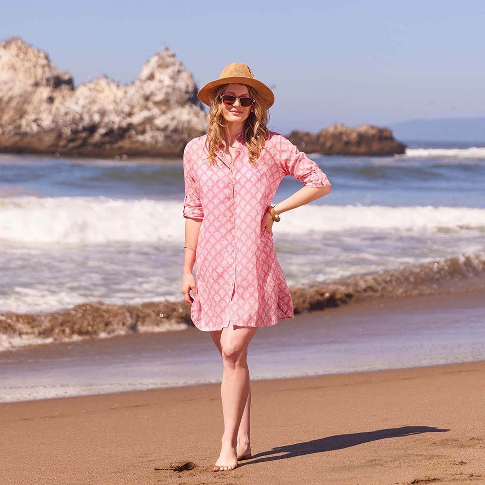 Fifer Pink Button Down Beach Tunic Swim Cover Up - rockflowerpaper