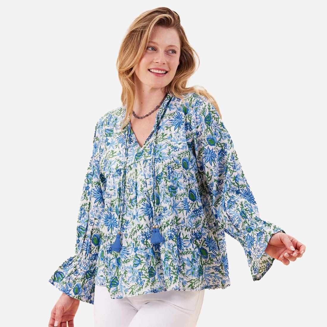 Gabrielle Blue Green Cotton Blouse with Ruffle Sleeves Tunic - rockflowerpaper