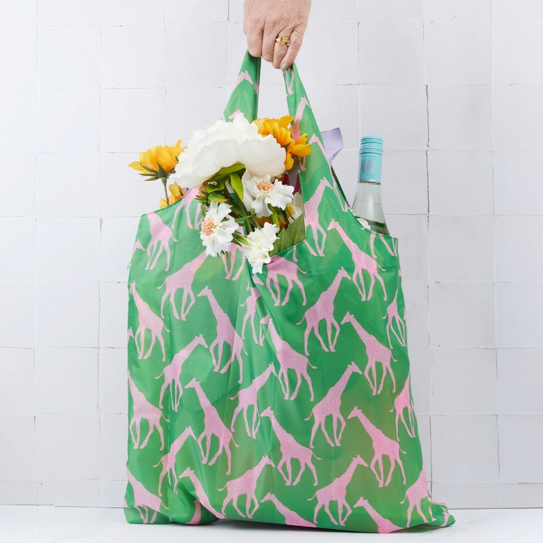 Giraffe Pink &amp; Green blu Reusable Shopping Bag Reusable Shopping Bag - Rockflowerpaper