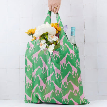 Giraffe Pink &amp; Green blu Reusable Shopping Bag Reusable Shopping Bag - Rockflowerpaper
