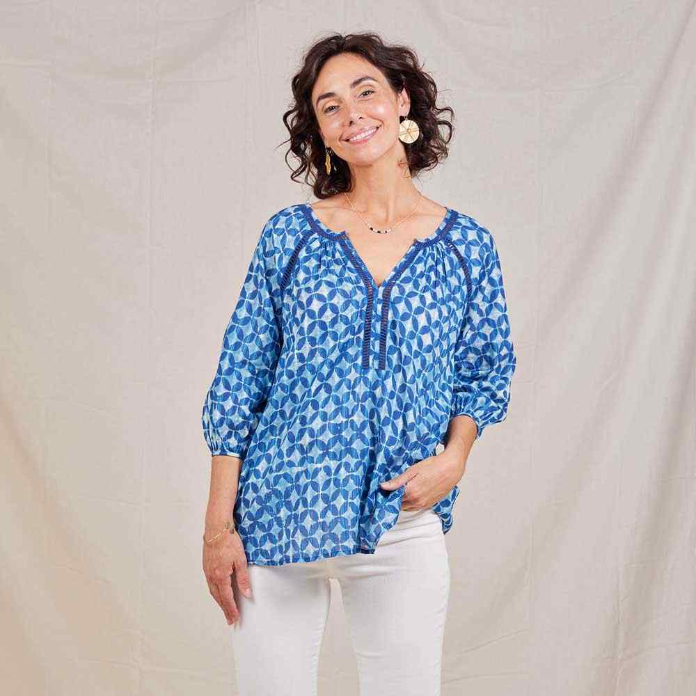 Indigo Lurex Peasant Blouse Tunic - rockflowerpaper