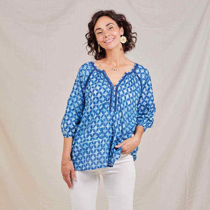 Indigo Lurex Peasant Blouse Tunic - rockflowerpaper