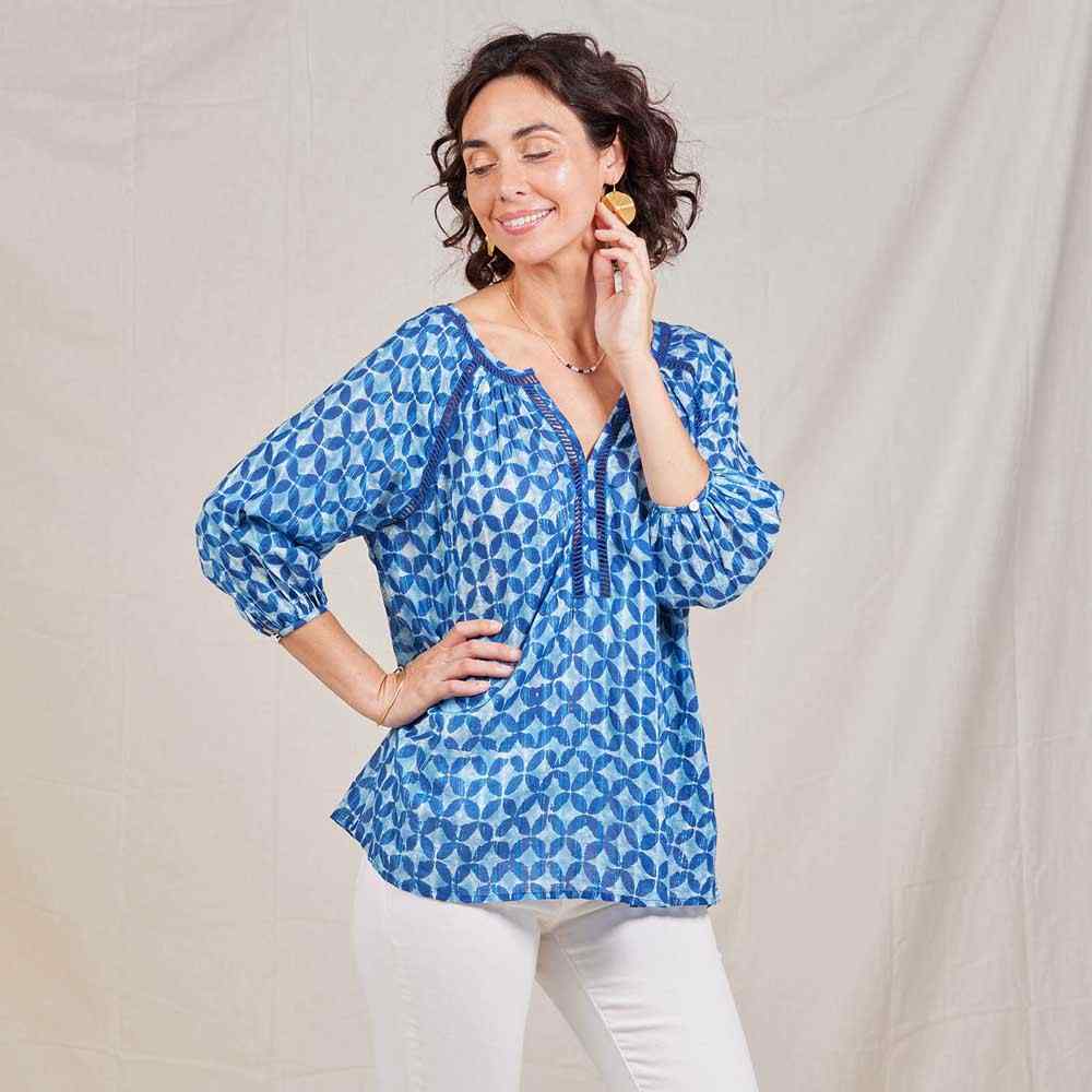 Indigo Lurex Peasant Blouse Tunic - rockflowerpaper