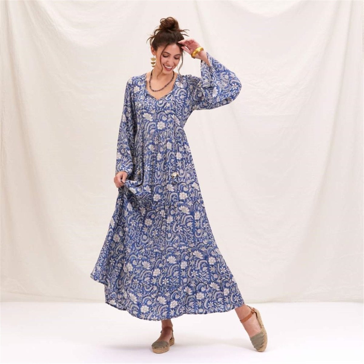 Jasmine Blue Floral Tiered Dress Dress - rockflowerpaper