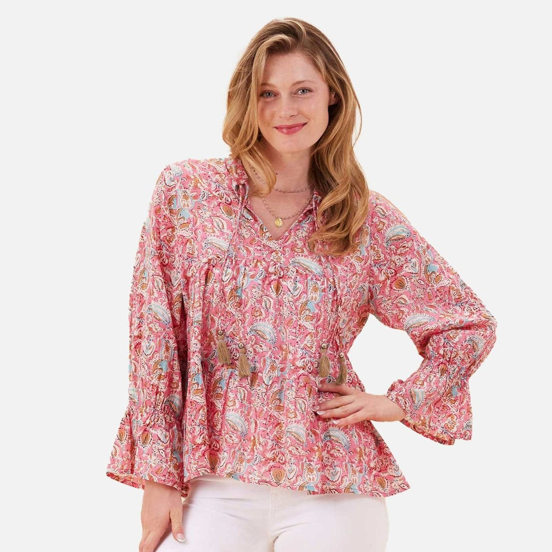 Kiara Pink Cotton Blouse with Ruffle Sleeves Tunic - rockflowerpaper