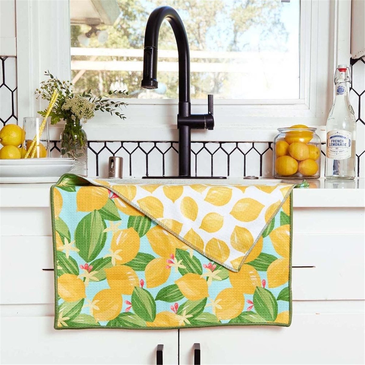 Lemon Blossoms blu Kitchen Tea Towel - Double - Sided Print Kitchen Towel - rockflowerpaper