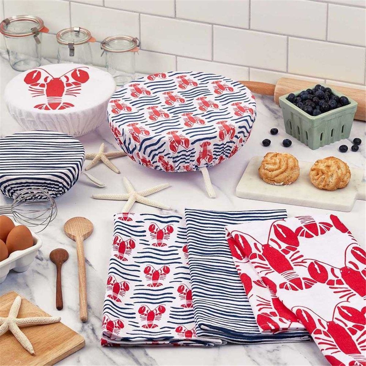 Lobster Waves Cotton Kitchen Towels (Set of 3) Cotton Kitchen Towel - rockflowerpaper